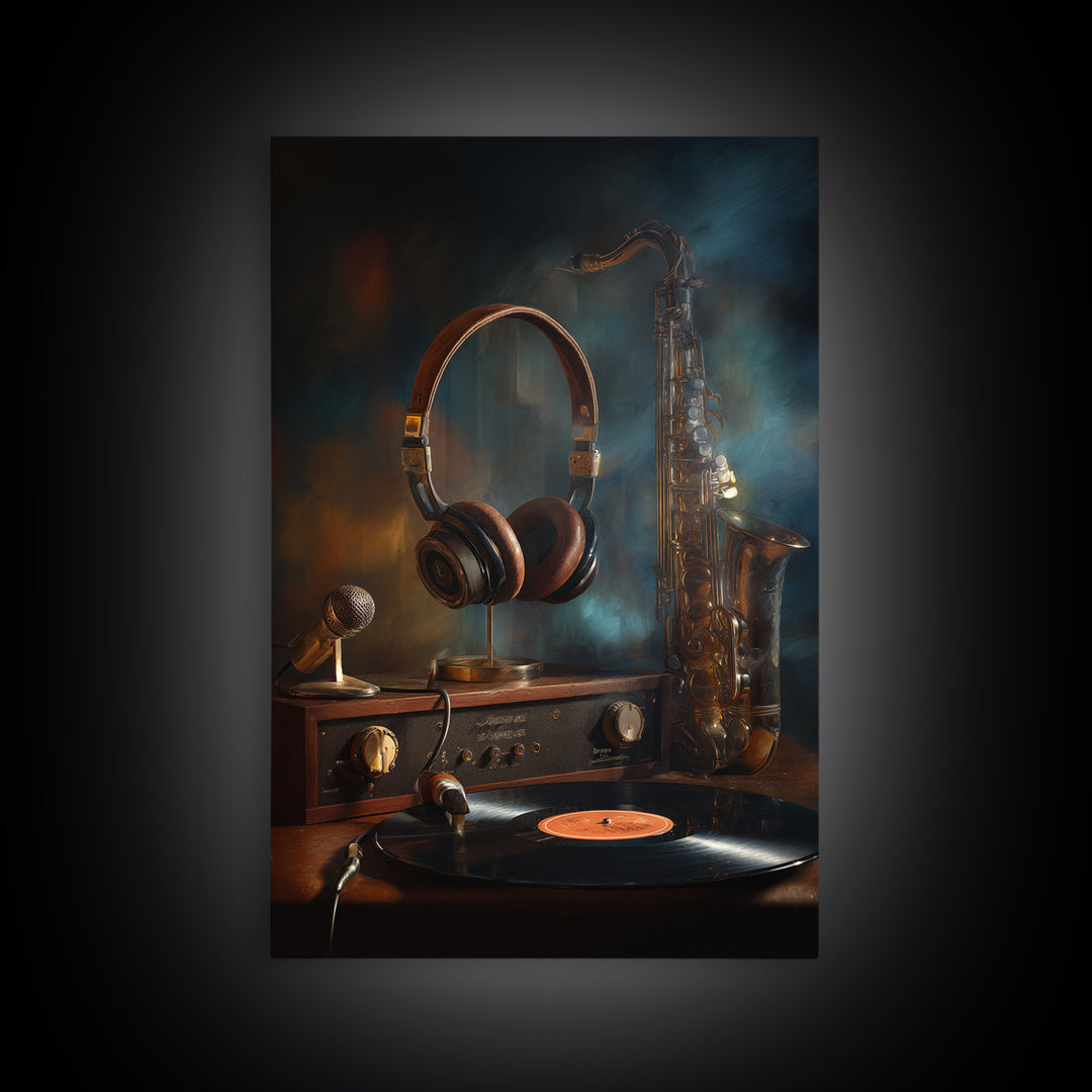 Headphones Resting on a Vinyl Record Framed Canvas Print, Recording Studio Art, Wall Sculpture, Studio Decor, Fine Art, Analog, RSA-2x3-85