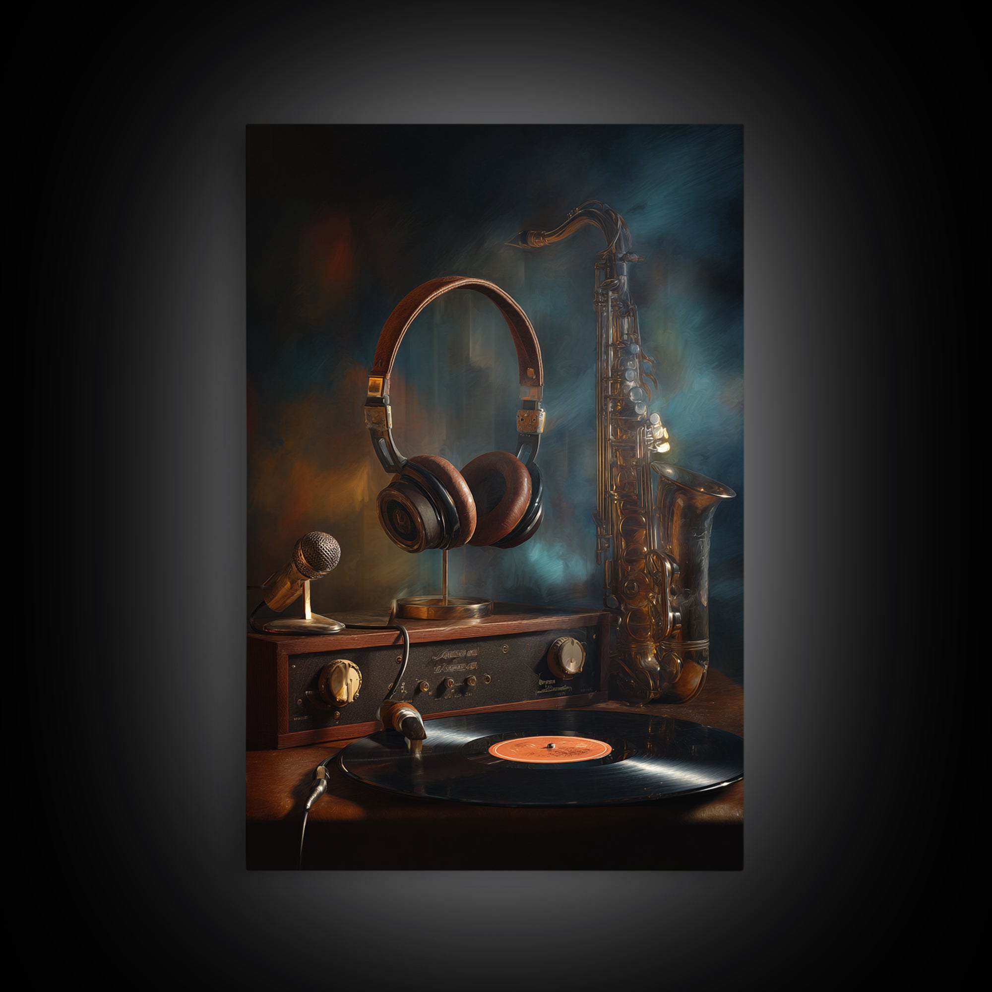 Headphones Resting on a Vinyl Record Framed Canvas Print, Recording Studio Art, Wall Sculpture, Studio Decor, Fine Art, Analog, RSA-2x3-85