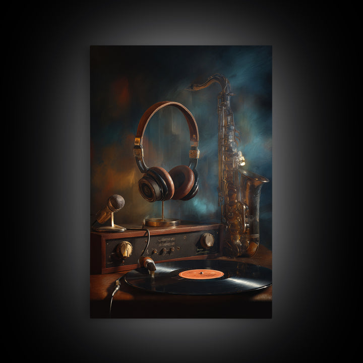 Headphones Resting on a Vinyl Record Framed Canvas Print, Recording Studio Art, Wall Sculpture, Studio Decor, Fine Art, Analog, RSA-2x3-85