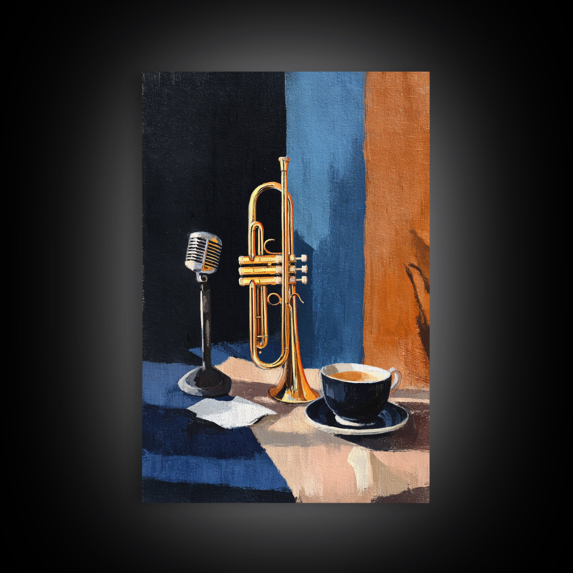 Jazz Trumpet and Microphone Still Life Framed Canvas Print, Recording Studio Art, Printable Art, Studio Decor, Fine Art, Analog, RSA-2x3-87