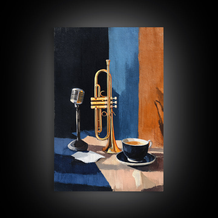 Jazz Trumpet and Microphone Still Life Framed Canvas Print, Recording Studio Art, Printable Art, Studio Decor, Fine Art, Analog, RSA-2x3-87