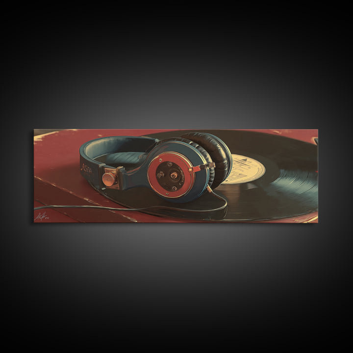 Headphones Resting on a Vinyl Record Canvas Print, Recording Studio Art, Digital Download Art, Studio Decor, Fine Art, Analog, RSA-3x1-45