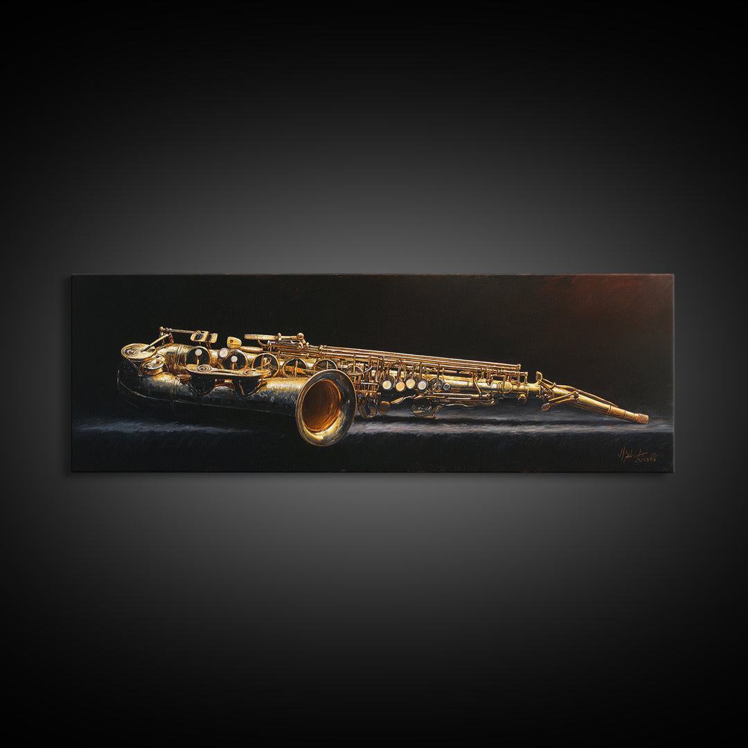 Brass Saxophone on Dark Velvet Canvas Print, Recording Studio Art, Headphones Poster, Studio Decor, Fine Art, Analog, RSA-3x1-8