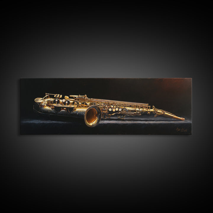Brass Saxophone on Dark Velvet Canvas Print, Recording Studio Art, Headphones Poster, Studio Decor, Fine Art, Analog, RSA-3x1-8