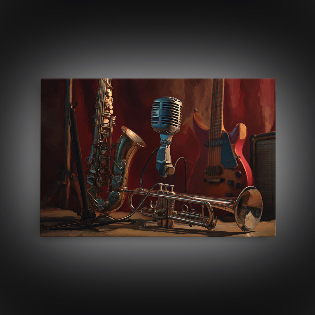 Jazz Trumpet and Microphone Still Life Canvas Print, Recording Studio Art, Music Poster, Studio Decor, Fine Art, Analog, RSA-3x2-11