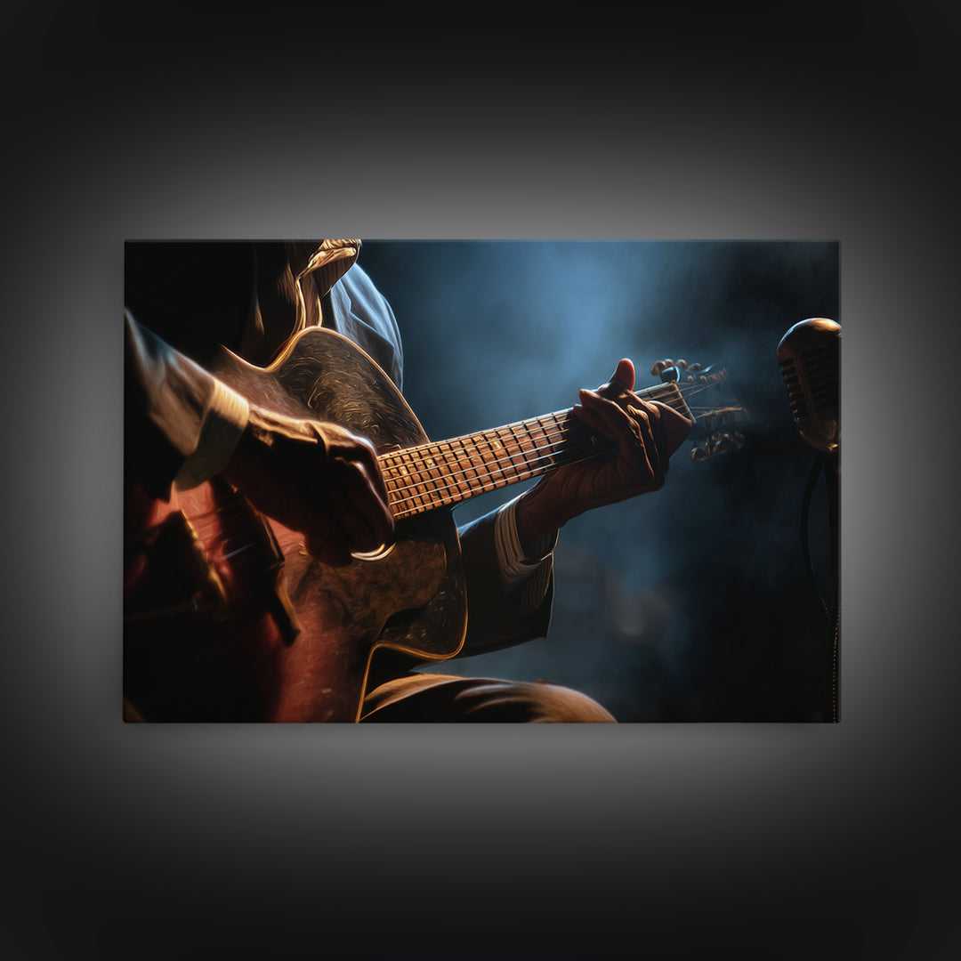 Musician Hands on Guitar Strings Framed Canvas Print, Recording Studio Art, Digital Download Art, Studio Decor, Analog, RSA-3x2-19