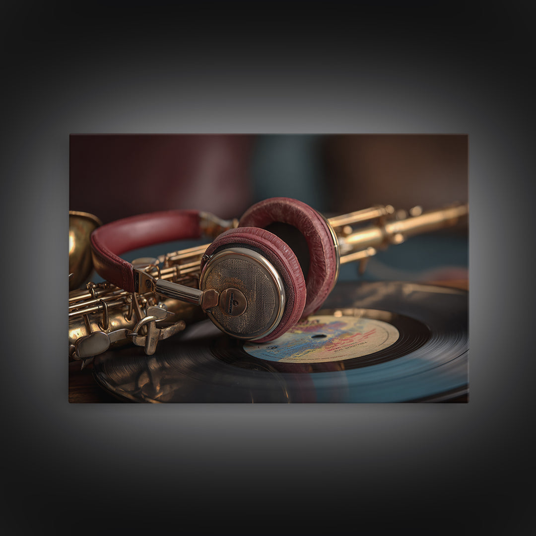 Headphones Resting on a Vinyl Record Canvas Print, Recording Studio Art, Music Posters, Studio Decor, Fine Art, Analog, RSA-3x2-33