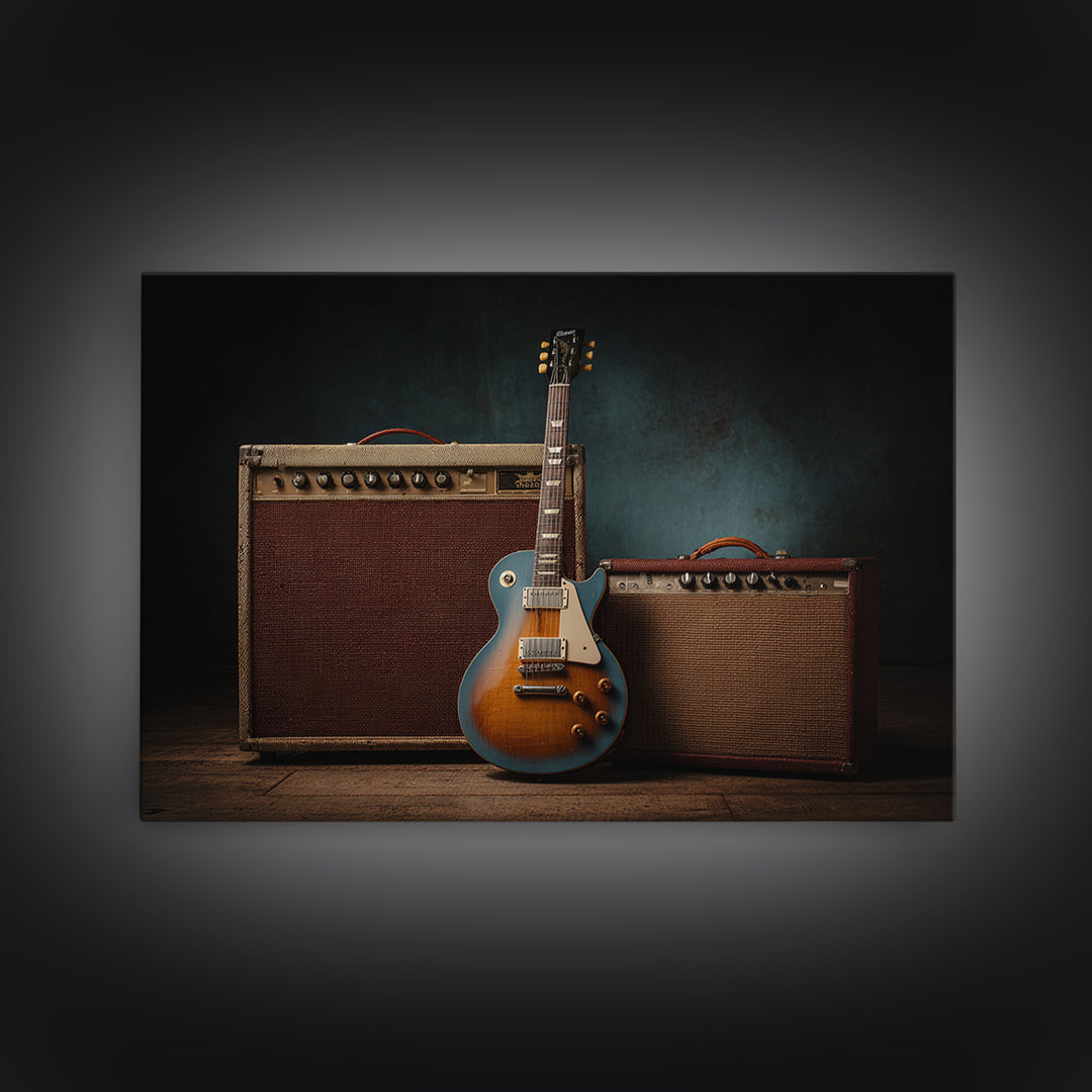 Electric Guitar Beside a Studio Amp Canvas Print, Recording Studio Art, Dtf Print, Studio Decor, Analog, Gallery Decor, RSA-3x2-56