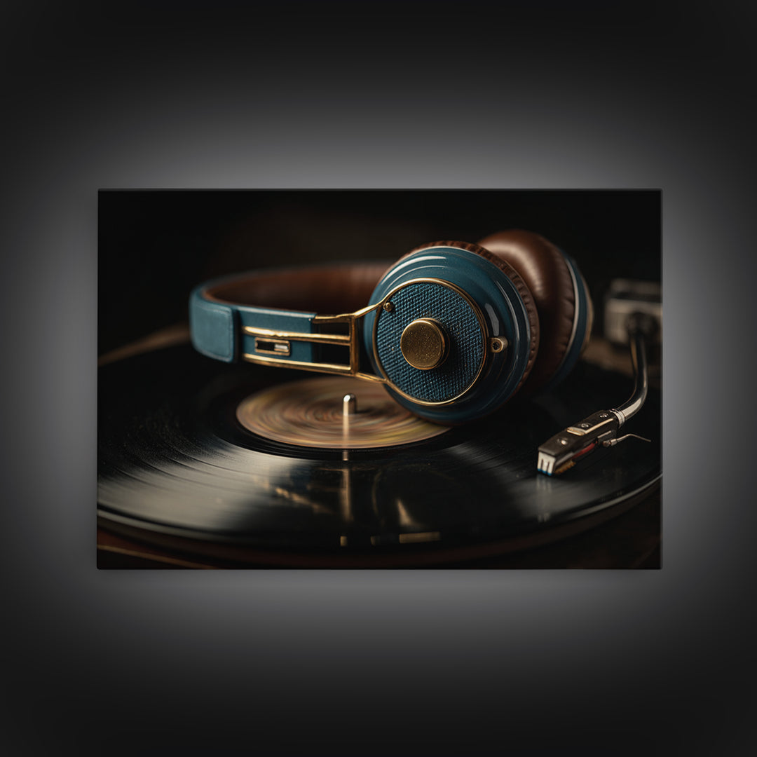 Headphones Resting on a Vinyl Record Canvas Print, Recording Studio Art, Music Posters, Studio Decor, Fine Art, Analog, RSA-3x2-57