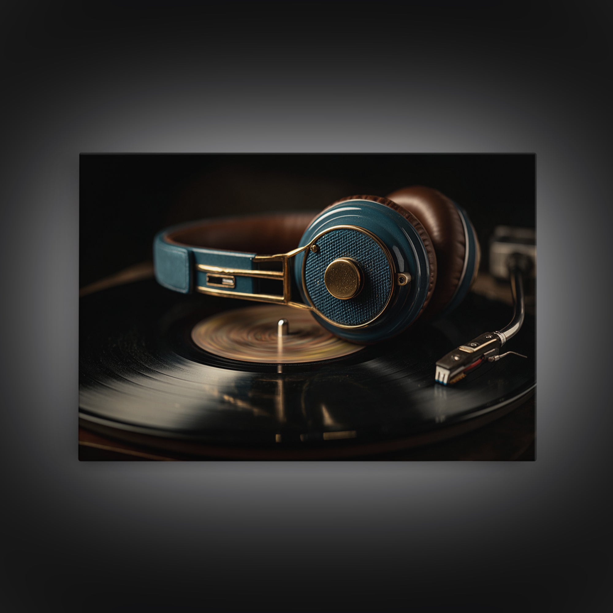 Headphones Resting on a Vinyl Record Canvas Print, Recording Studio Art, Music Posters, Studio Decor, Fine Art, Analog, RSA-3x2-57