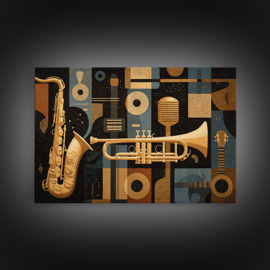 Jazz Trumpet and Microphone Still Life Framed Canvas Print, Recording Studio Art, Rock Music Art, Studio Decor, Oil Painting, RSA-3x2-59