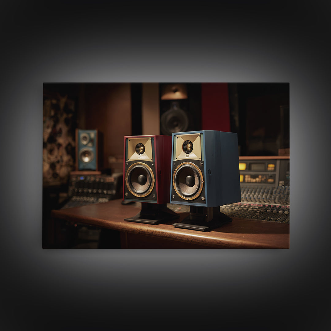 Studio Monitor Speakers as Bold Geometric Forms Framed Canvas Print, Recording Studio Art, Music Studio, Studio Decor, Analog, RSA-3x2-64