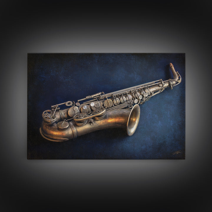 Brass Saxophone on Dark Velvet Canvas Print, Recording Studio Art, Headphones Poster, Studio Decor, Fine Art, Analog, RSA-3x2-68
