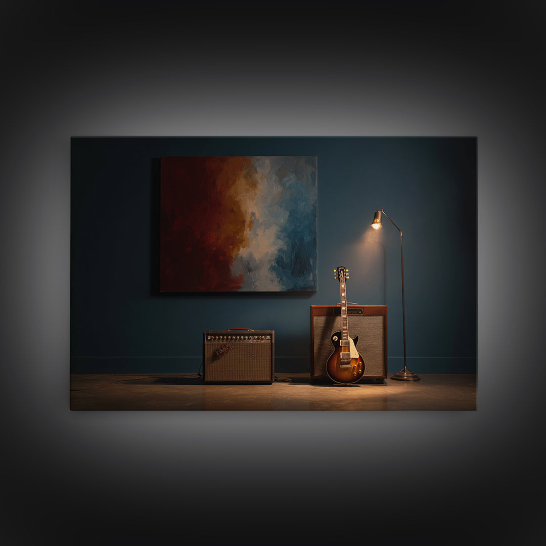 Electric Guitar Beside a Studio Amp Framed Canvas Print, Recording Studio Art, Studio Decor, Oil Painting, Analog, RSA-3x2-8