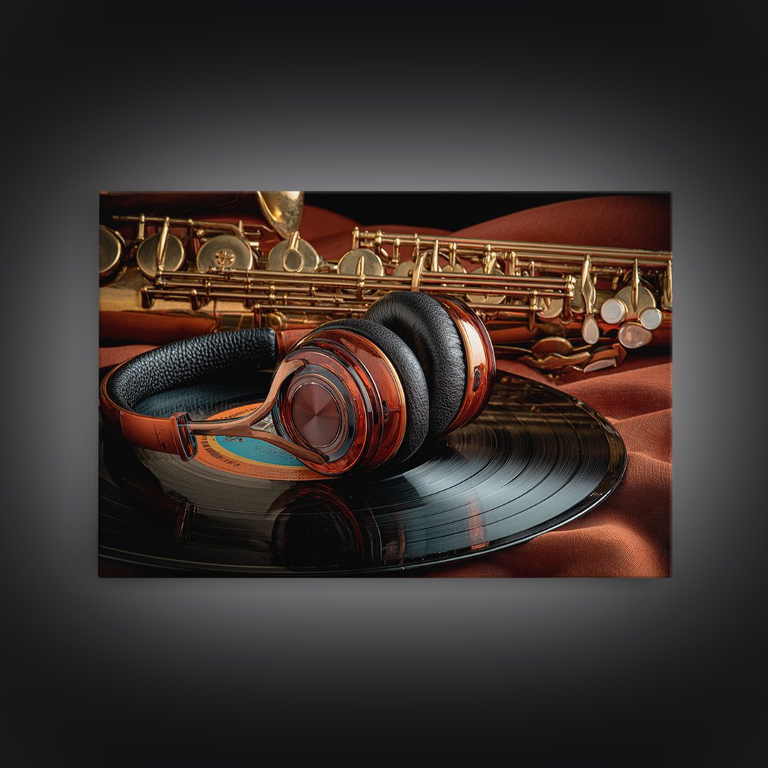 Headphones Resting on a Vinyl Record Framed Canvas Print, Recording Studio Art, Music Decor, Studio Decor, Fine Art, Analog, RSA-3x2-81