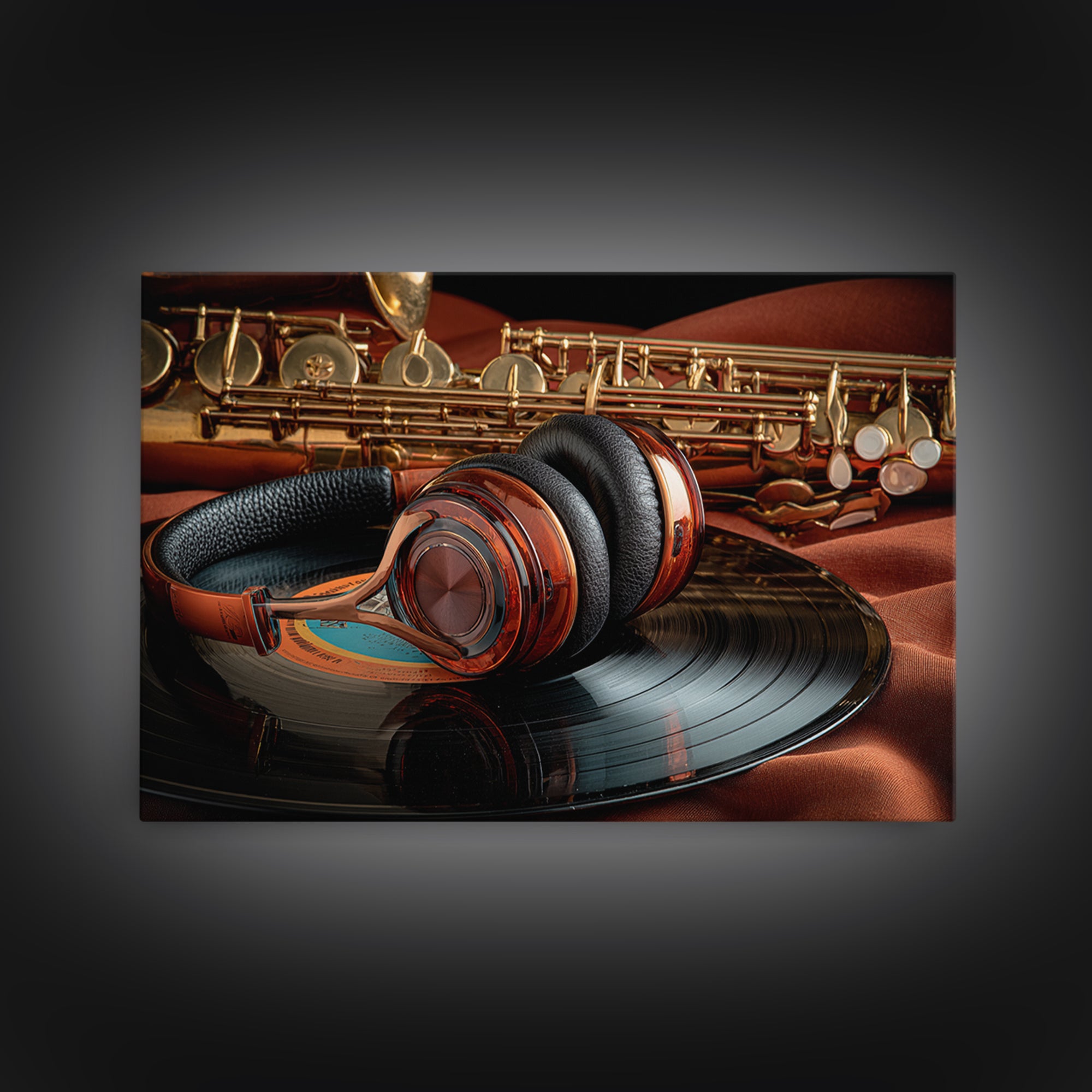 Headphones Resting on a Vinyl Record Framed Canvas Print, Recording Studio Art, Music Decor, Studio Decor, Fine Art, Analog, RSA-3x2-81