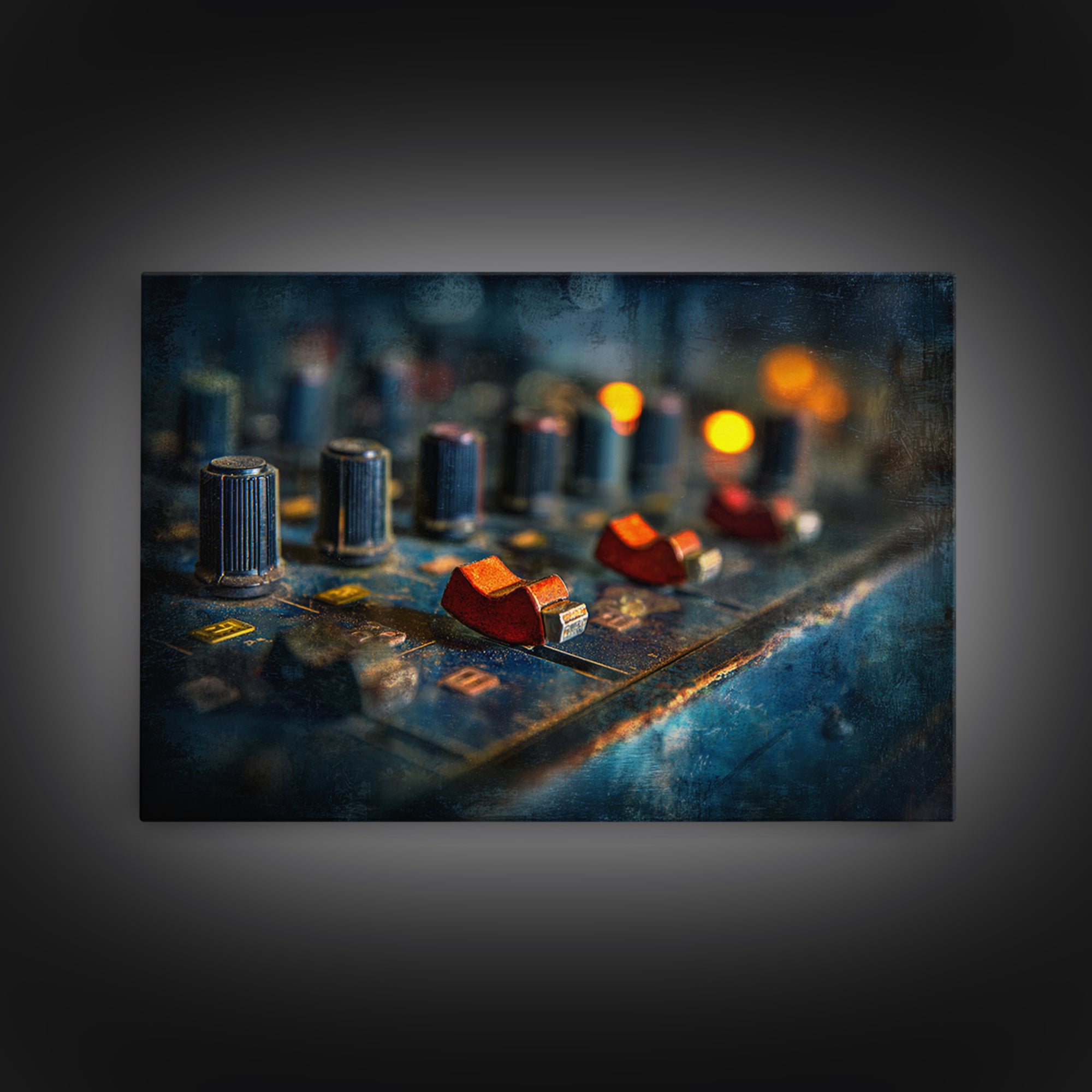 Mixing Console Faders Framed Canvas Print, Recording Studio Art, Black and White Art, Studio Decor, Oil Painting, Analog, RSA-3x2-82