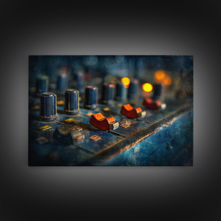 Mixing Console Faders Framed Canvas Print, Recording Studio Art, Black and White Art, Studio Decor, Oil Painting, Analog, RSA-3x2-82