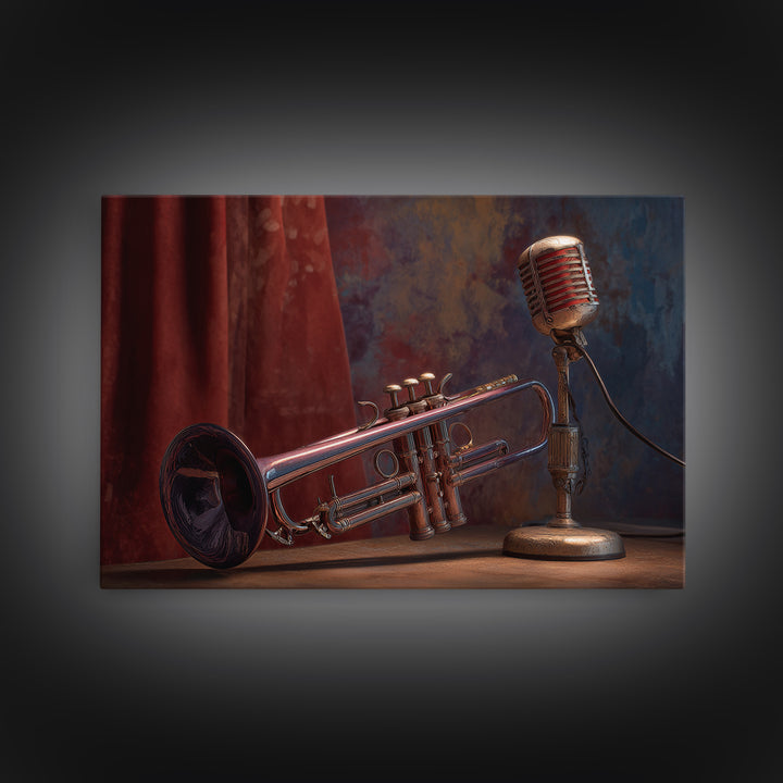 Jazz Trumpet and Microphone Still Life Canvas Print, Recording Studio Art, Neutral Decor, Studio Decor, Fine Art, Analog, RSA-3x2-83