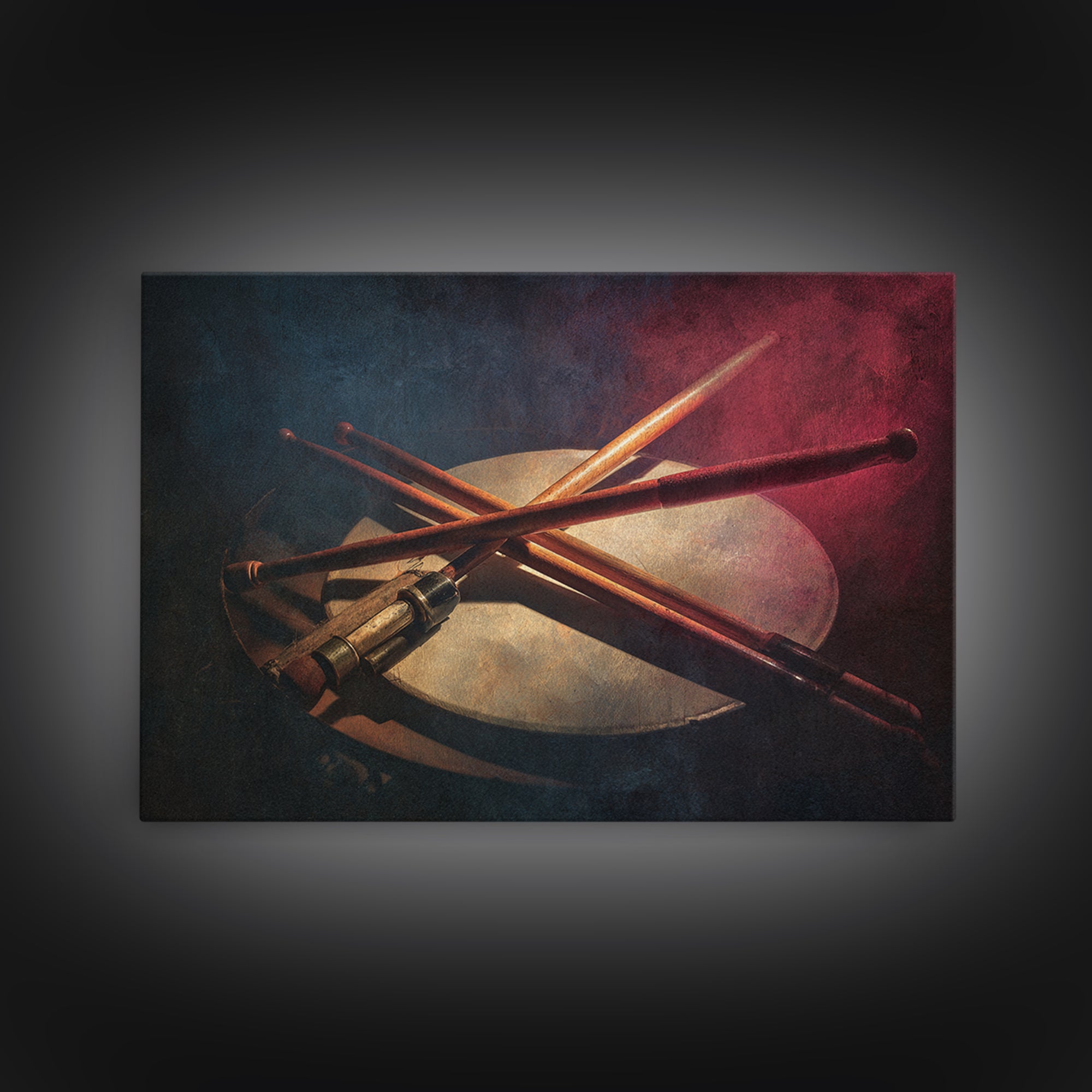 Drumsticks Crossed over Snare Drum Framed Canvas Print, Recording Studio Art, Music Posters, Studio Decor, Fine Art, Analog, RSA-3x2-86