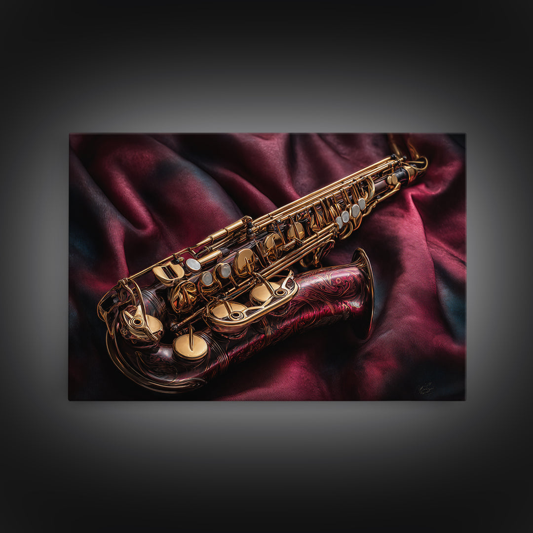 Brass Saxophone on Dark Velvet Framed Canvas Print, Recording Studio Art, Music Room Decor, Studio Decor, Fine Art, Analog, RSA-3x2-92