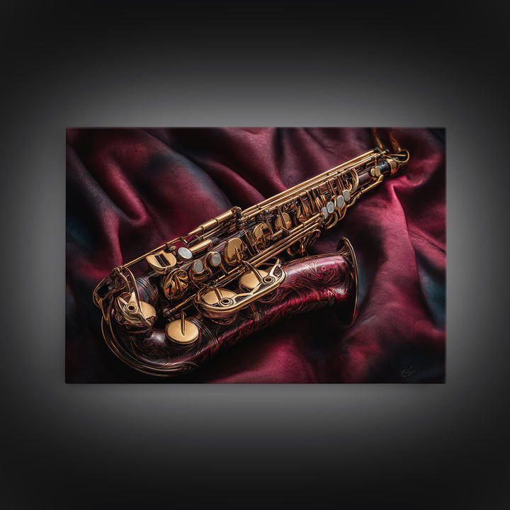 Brass Saxophone on Dark Velvet Framed Canvas Print, Recording Studio Art, Music Room Decor, Studio Decor, Fine Art, Analog, RSA-3x2-92