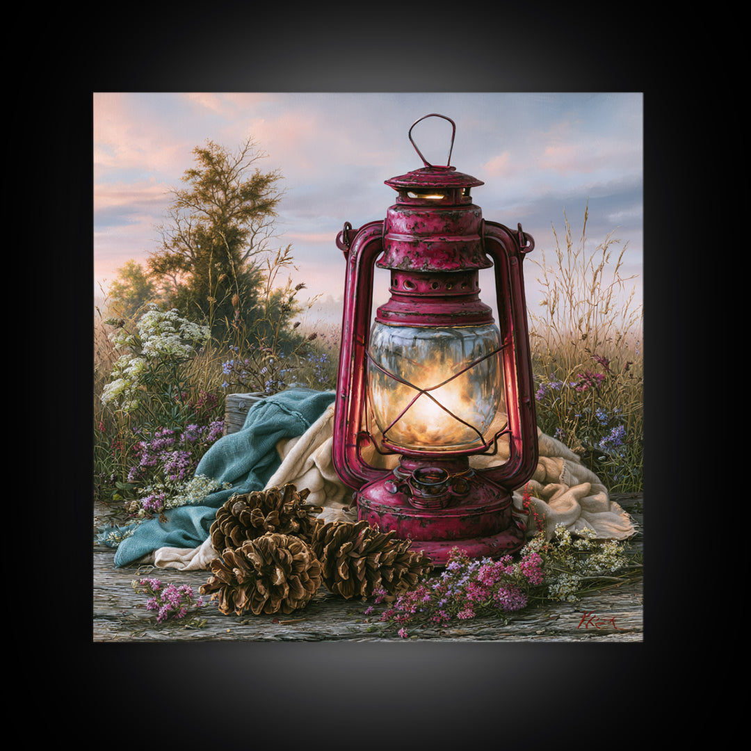 Rustic Lantern Glowing Beside Pinecones Framed Canvas Print, Rustic Art, Gallery Wall Set, Farmhouse Decor, Watercolor Art, RUS-1x1-100