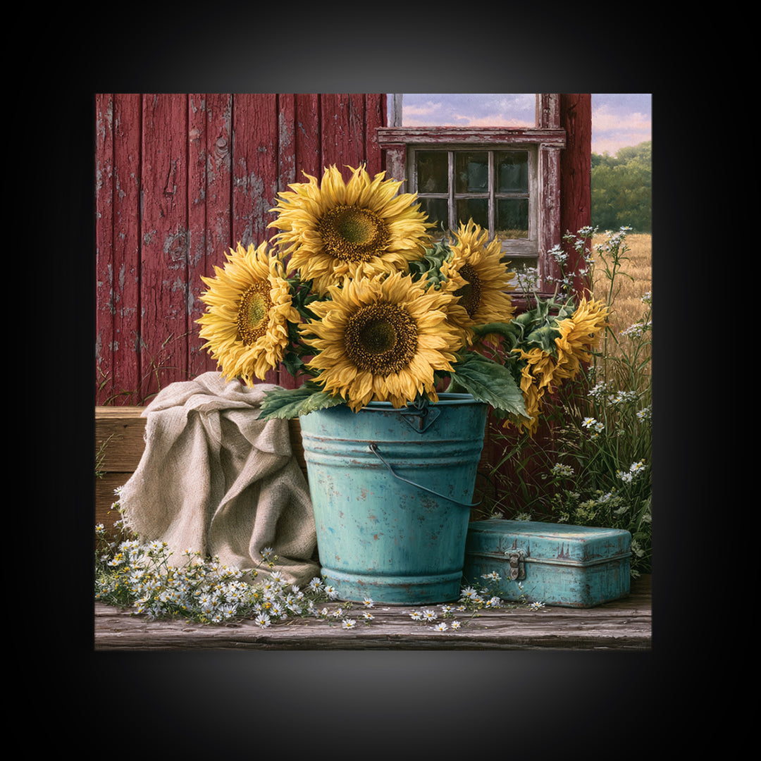 Sunflowers in a Metal Bucket Framed Canvas Print, Rustic Art, Painting, Farmhouse Decor, Oil Painting, Rustic, Boho Wall Art, RUS-1x1-12