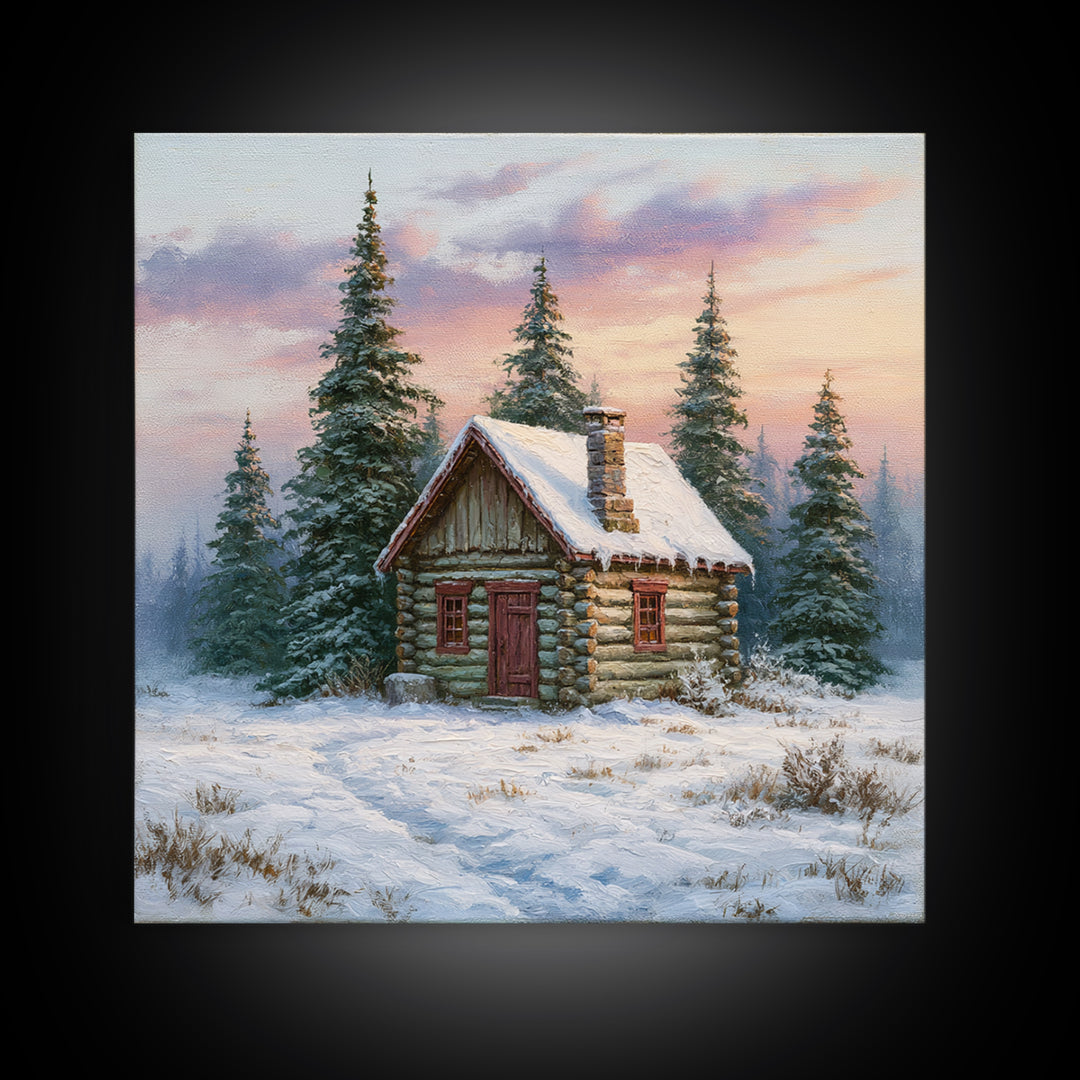 Log Cabin with Snowy Pines Canvas Print, Rustic Art, Farmhouse Decor, Oil Painting, Rustic, Gallery Wall Art, RUS-1x1-15