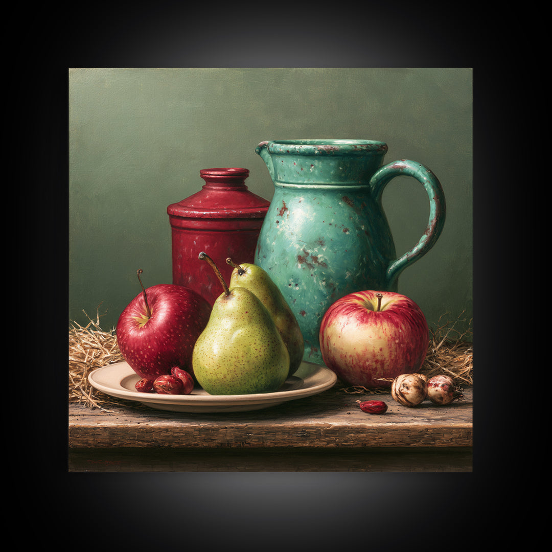 Rustic Pear and Apple Still Life Framed Canvas Print, Rustic Art, Landscape Wall Art, Farmhouse Decor, Fine Art, Rustic, RUS-1x1-21