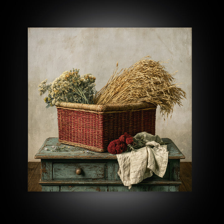 Handwoven Basket with Dried Grasses Framed Canvas Print, Rustic Art, Farmhouse Wall Art, Farmhouse Decor, Watercolor Art, RUS-1x1-24