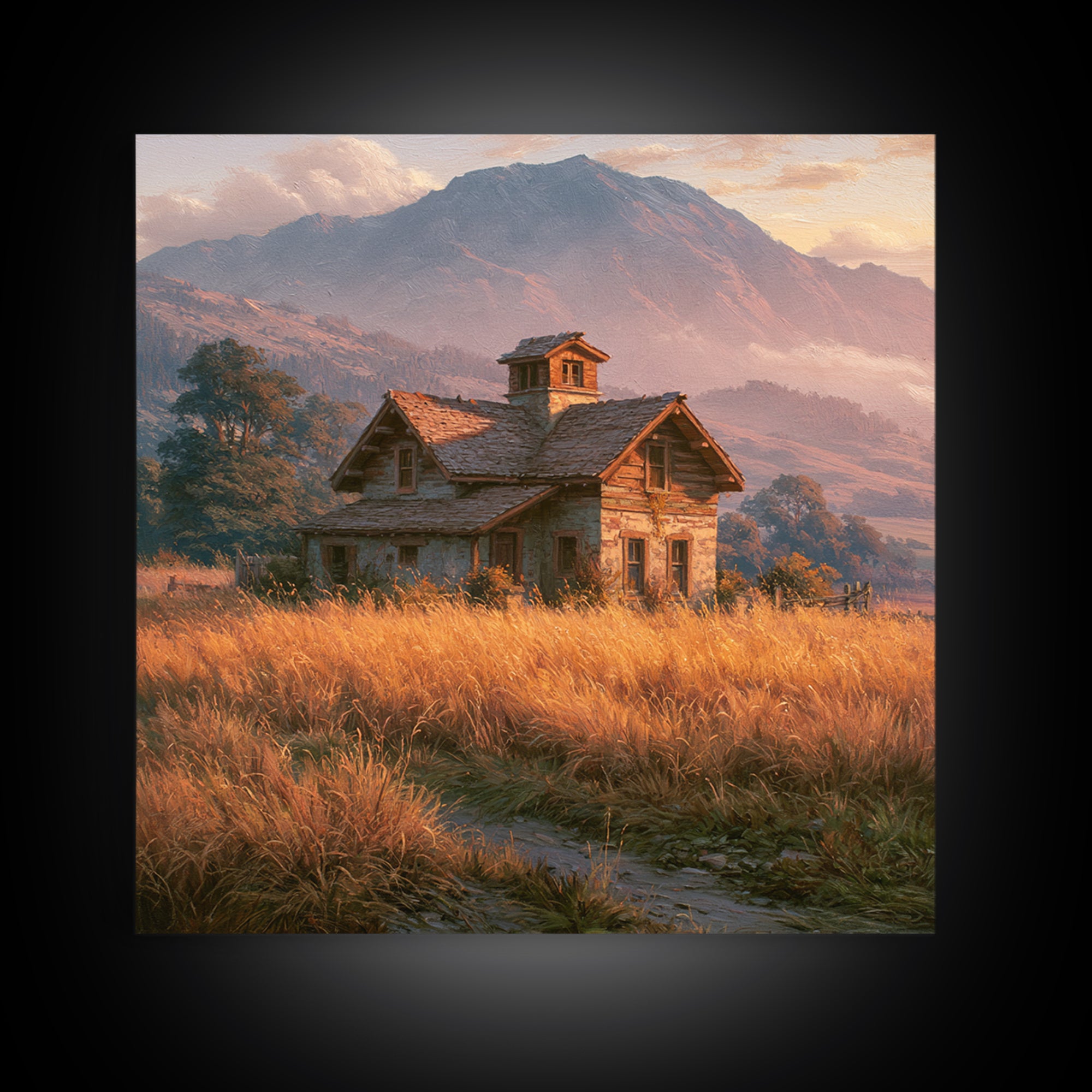 Mountain Cabin Landscape Framed Canvas Print, Rustic Art, Boho Wall Art, Farmhouse Decor, Oil Painting, Rustic, RUS-1x1-27