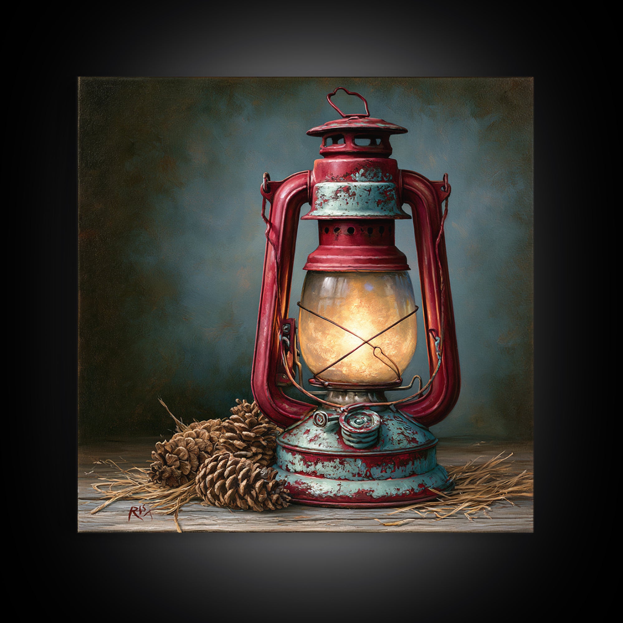 Rustic Lantern Glowing Beside Pinecones Framed Canvas Print, Rustic Art, Farmhouse Decor, Oil Painting, Rustic, RUS-1x1-28