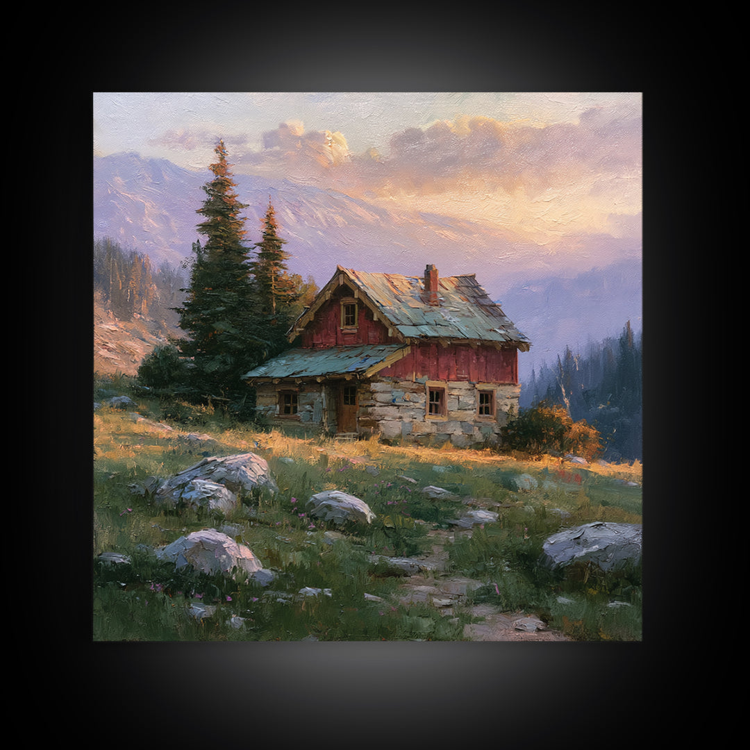 Mountain Cabin Landscape Canvas Print, Rustic Art, Wood Wall Art, Farmhouse Decor, Fine Art, Rustic, Eclectic Wall Art, RUS-1x1-3