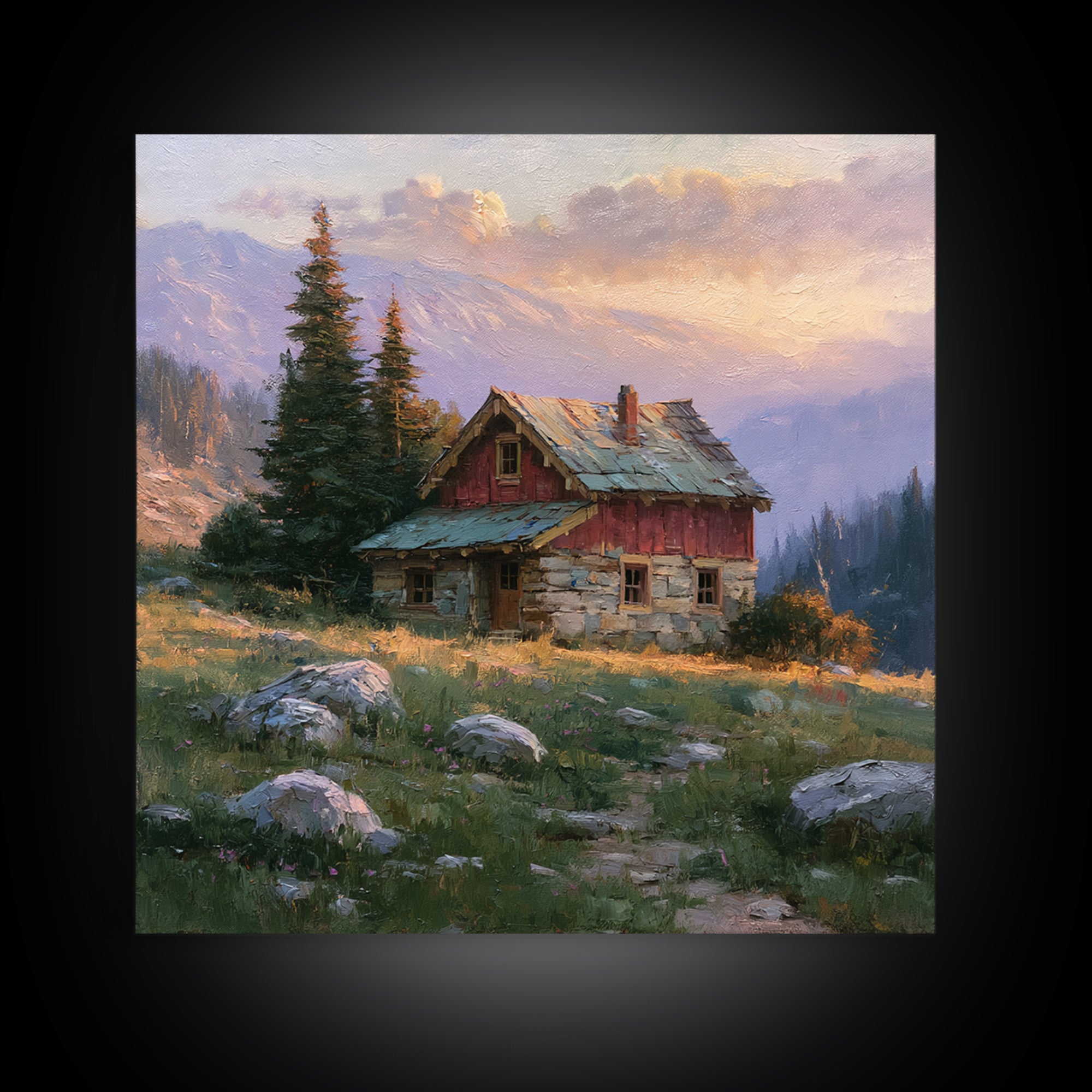 Mountain Cabin Landscape Canvas Print, Rustic Art, Wood Wall Art, Farmhouse Decor, Fine Art, Rustic, Eclectic Wall Art, RUS-1x1-3