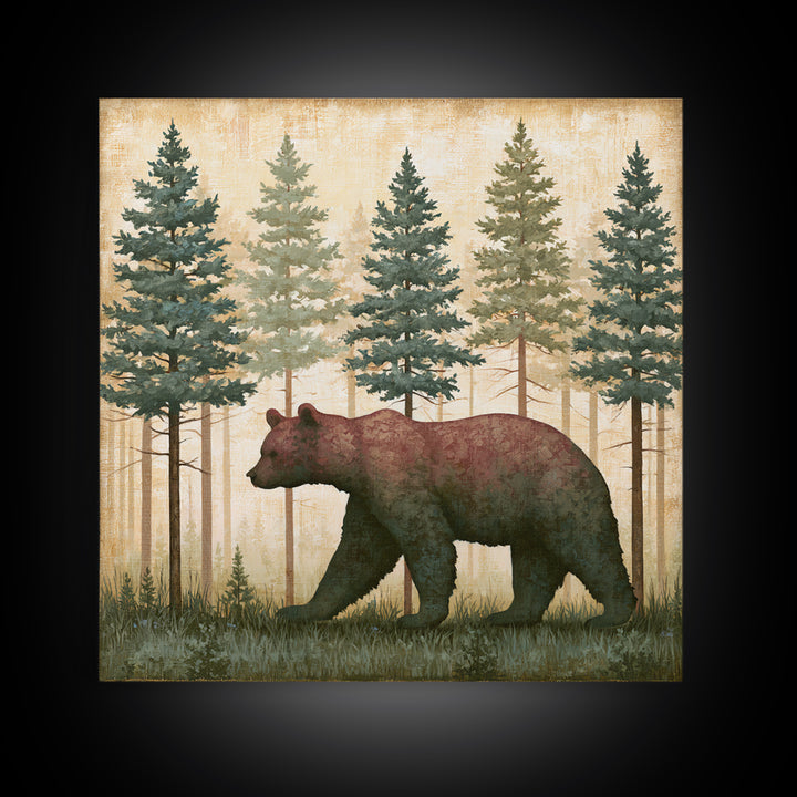 Bear Silhouette Among Pine Trees Canvas Print, Rustic Art, 3d Wall Art, Farmhouse Decor, Fine Art, Rustic, Living Room Art, RUS-1x1-31