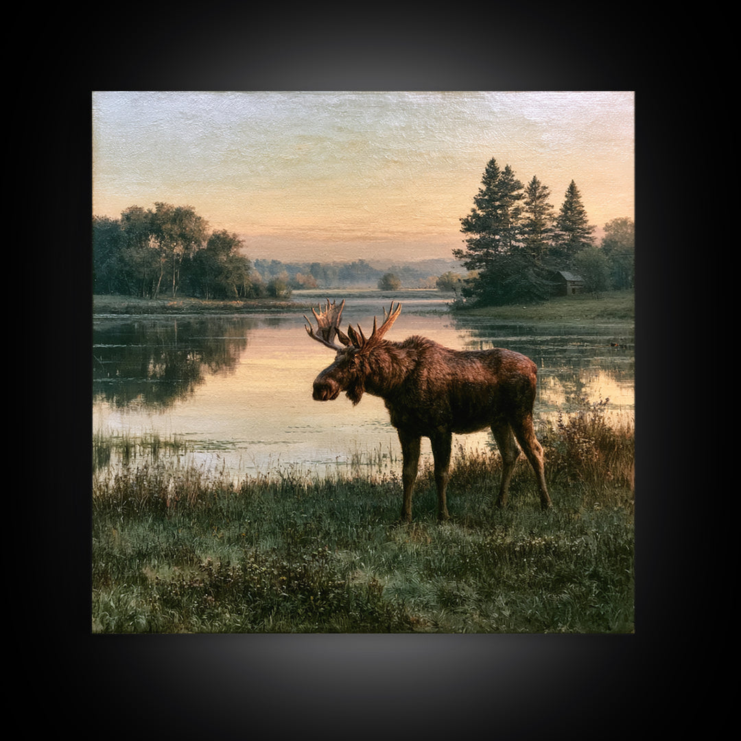 Moose Standing by a Quiet Lake Framed Canvas Print, Rustic Art, Fine Art Print, Farmhouse Decor, Fine Art, Rustic, Painting, RUS-1x1-33