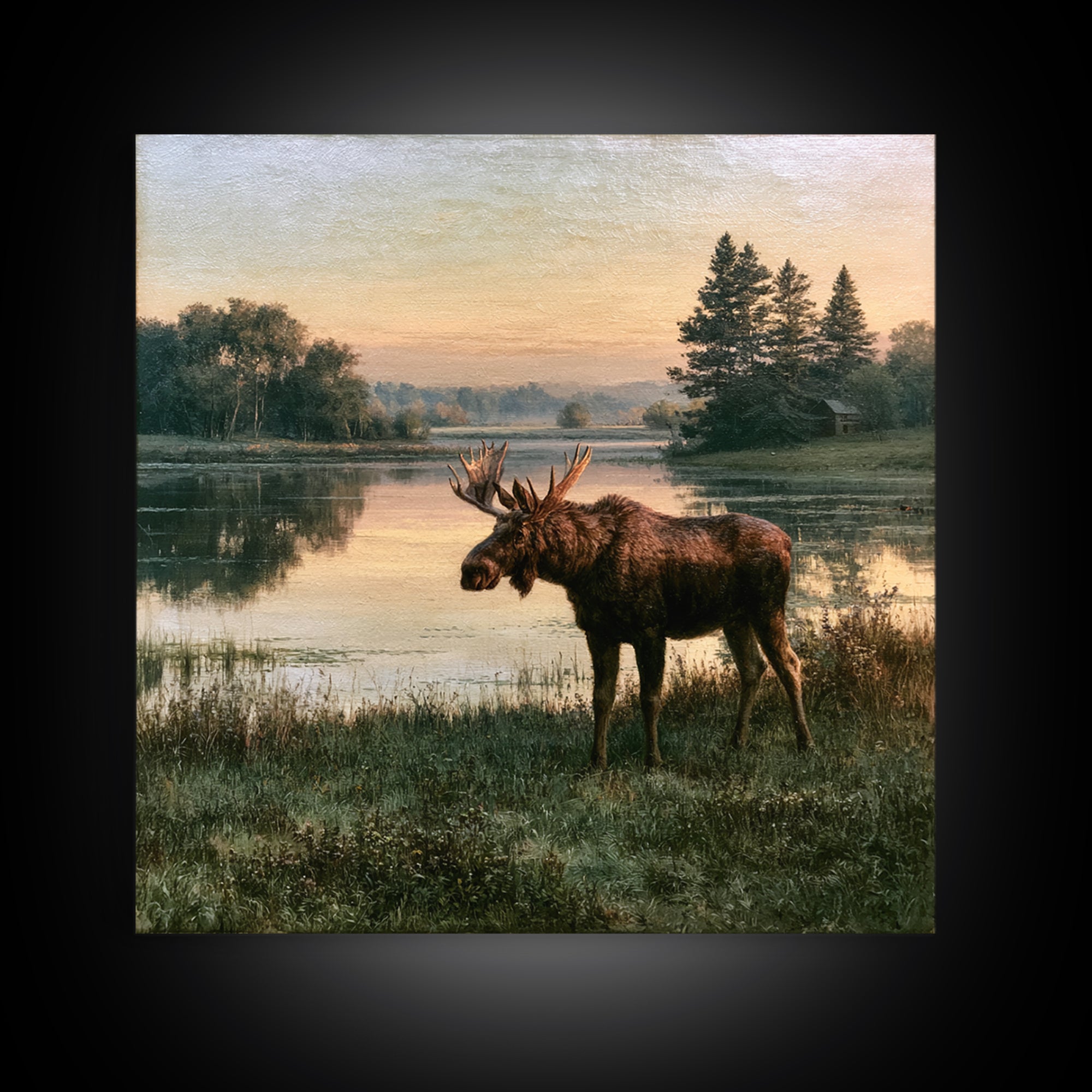 Moose Standing by a Quiet Lake Framed Canvas Print, Rustic Art, Fine Art Print, Farmhouse Decor, Fine Art, Rustic, Painting, RUS-1x1-33