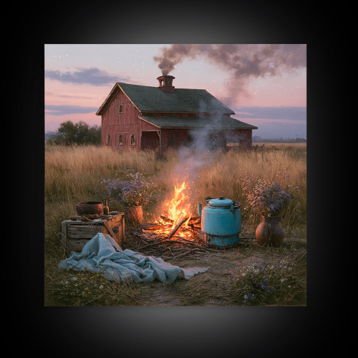 Campfire under a Starry Sky Framed Canvas Print, Rustic Art, Landscape Wall Art, Farmhouse Decor, Watercolor Art, Rustic, RUS-1x1-34