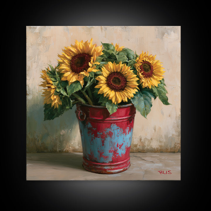 Sunflowers in a Metal Bucket Canvas Print, Rustic Art, Farmhouse Decor, Watercolor Art, Rustic, Landscape Painting, RUS-1x1-36
