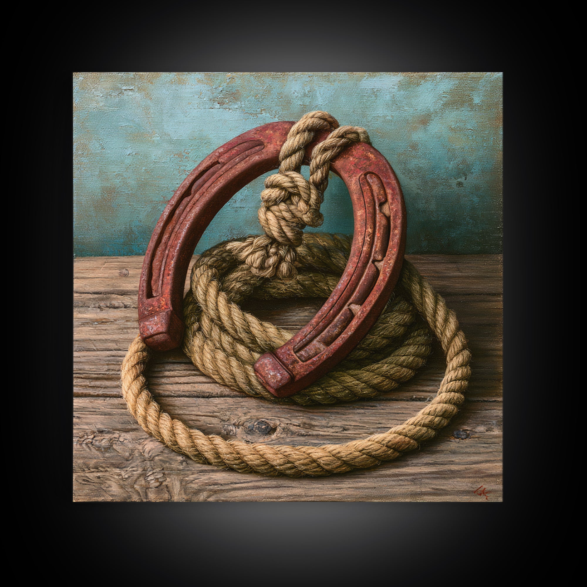 Rusty Horseshoe and Rope Composition Framed Canvas Print, Rustic Art, Gallery Wall Set, Farmhouse Decor, Oil Painting, Rustic, RUS-1x1-37