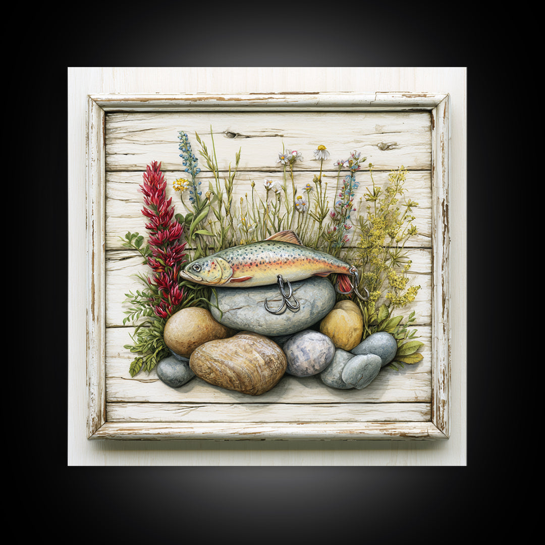 Trout Fishing Lure and River Stones Framed Canvas Print, Rustic Art, Landscape Art, Farmhouse Decor, Fine Art, Rustic, RUS-1x1-38