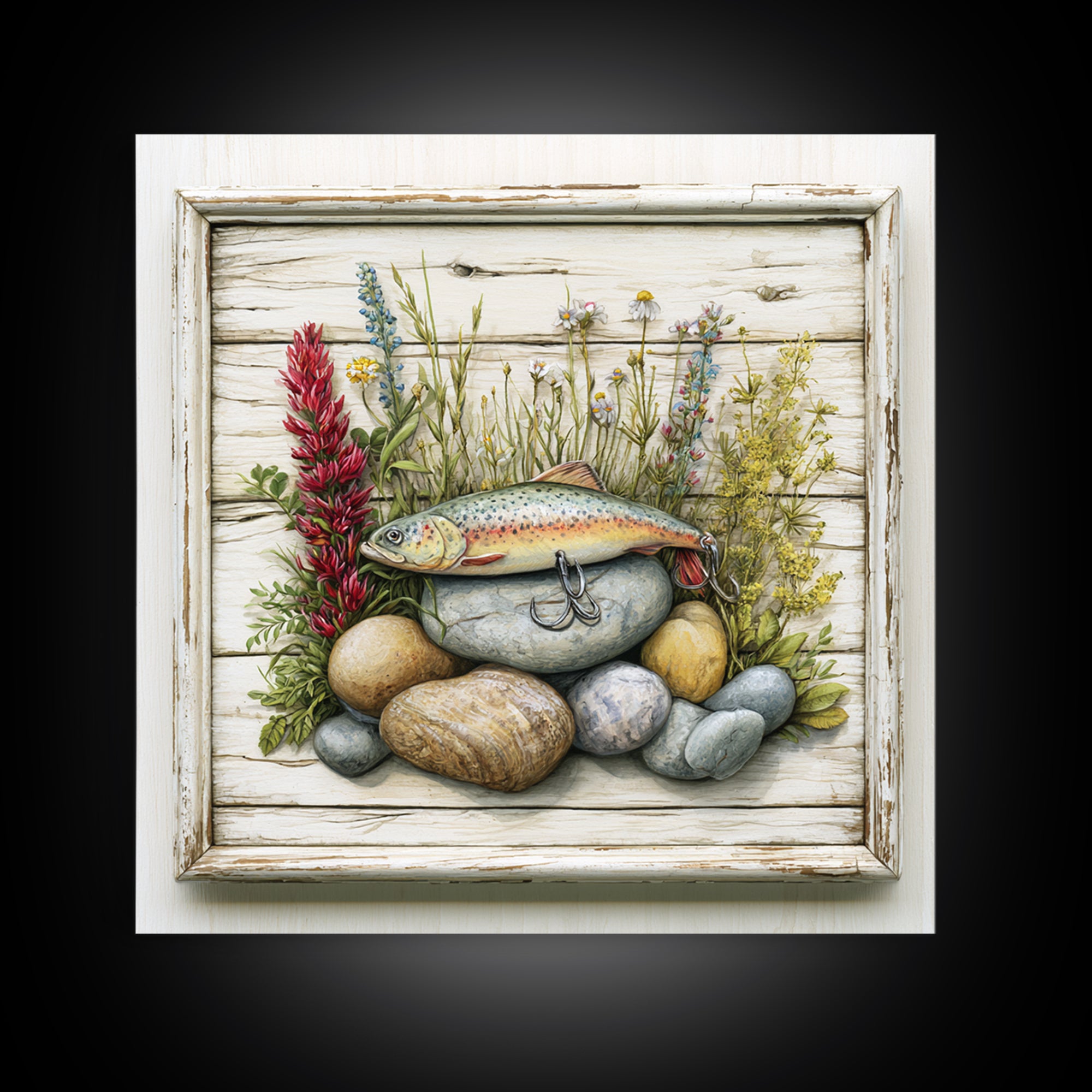 Trout Fishing Lure and River Stones Framed Canvas Print, Rustic Art, Landscape Art, Farmhouse Decor, Fine Art, Rustic, RUS-1x1-38