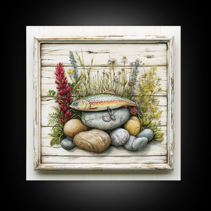 Trout Fishing Lure and River Stones Framed Canvas Print, Rustic Art, Landscape Art, Farmhouse Decor, Fine Art, Rustic, RUS-1x1-38