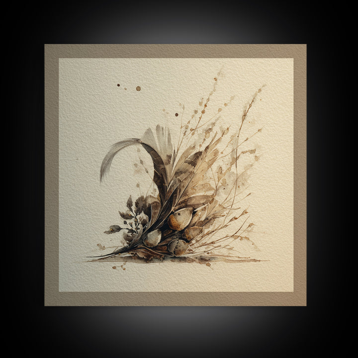 Pheasant Feathers and Acorns Arrangement Framed Canvas Print, Rustic Art, Luxury Decor, Farmhouse Decor, Fine Art, Rustic, RUS-1x1-40