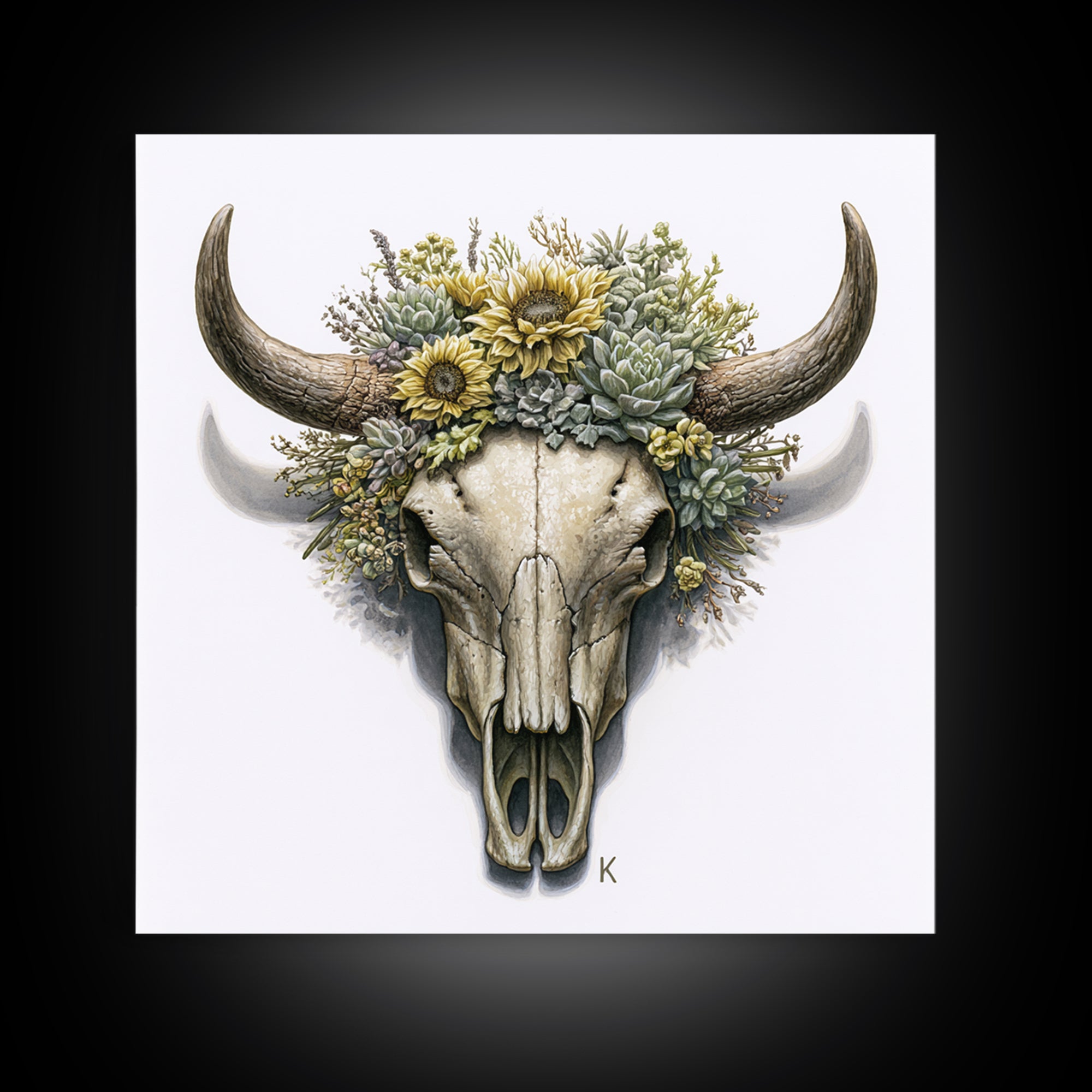 Cow Skull with Desert Flowers Framed Canvas Print, Rustic Art, Gallery Decor, Farmhouse Decor, Oil Painting, Rustic, RUS-1x1-41