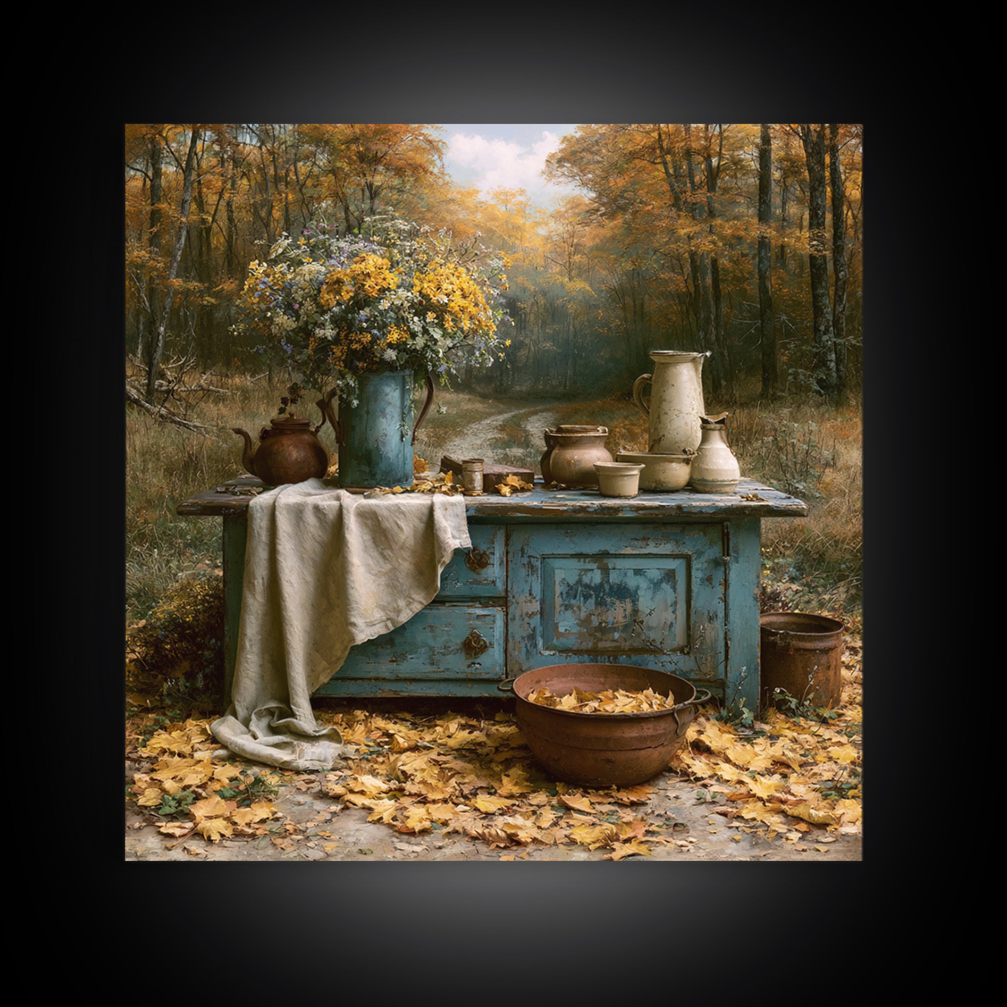 Forest Path with Golden Autumn Leaves Framed Canvas Print, Rustic Art, Eclectic Wall Art, Farmhouse Decor, Fine Art, Rustic, RUS-1x1-42
