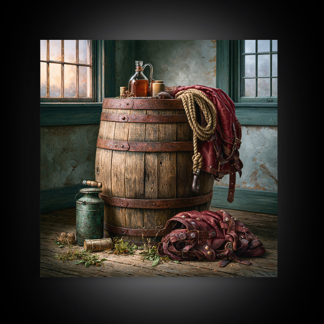 Whiskey Barrel and Leather Still Life Framed Canvas Print, Rustic Art, Wood Art, Farmhouse Decor, Oil Painting, Rustic, RUS-1x1-43