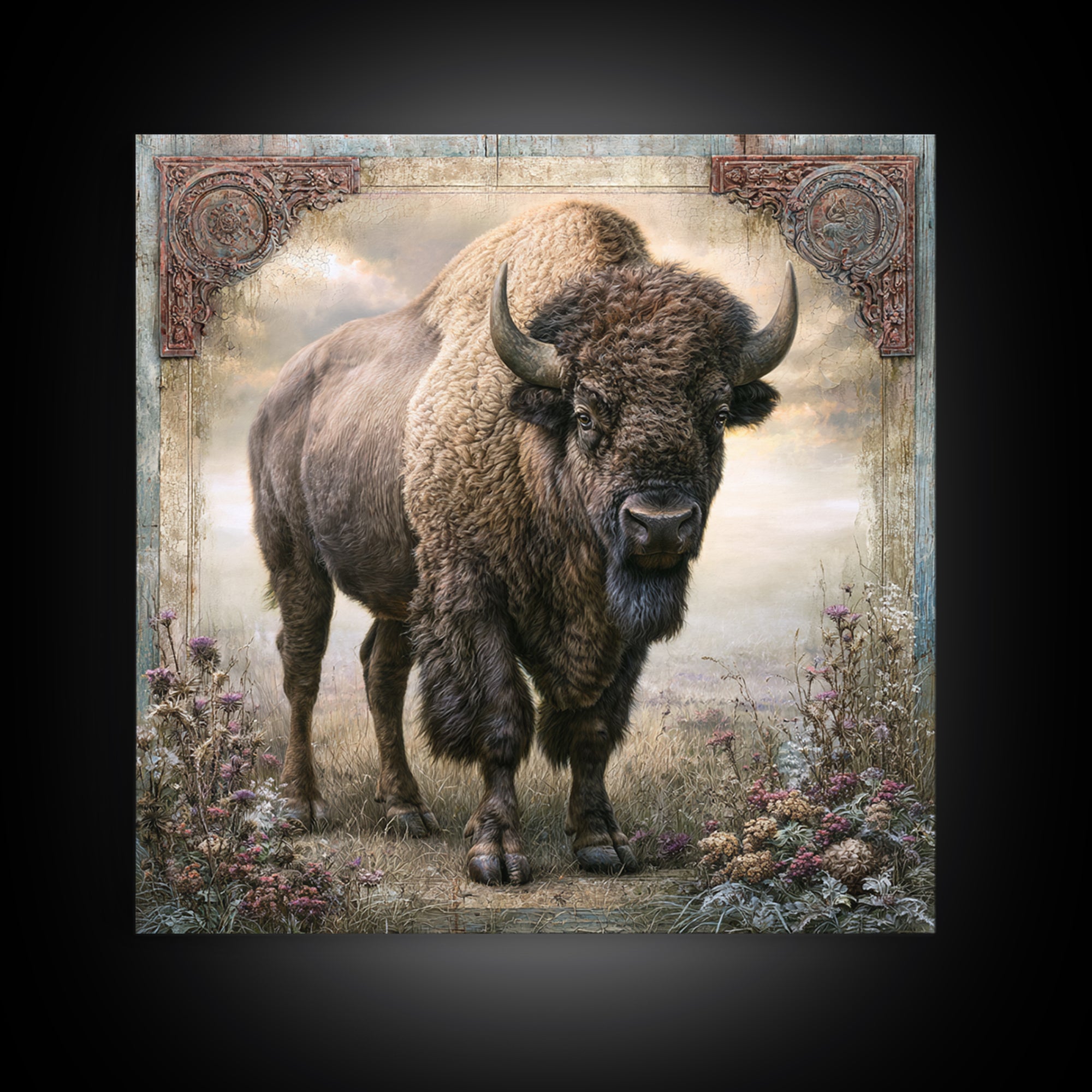 Buffalo Portrait with Western Texture Framed Canvas Print, Rustic Art, Farmhouse Wall Art, Farmhouse Decor, Fine Art, Rustic, RUS-1x1-46