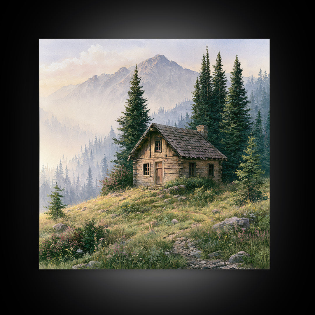 Mountain Cabin Landscape Framed Canvas Print, Rustic Art, Landscape Art, Farmhouse Decor, Fine Art, Rustic, Room Decor, RUS-1x1-51